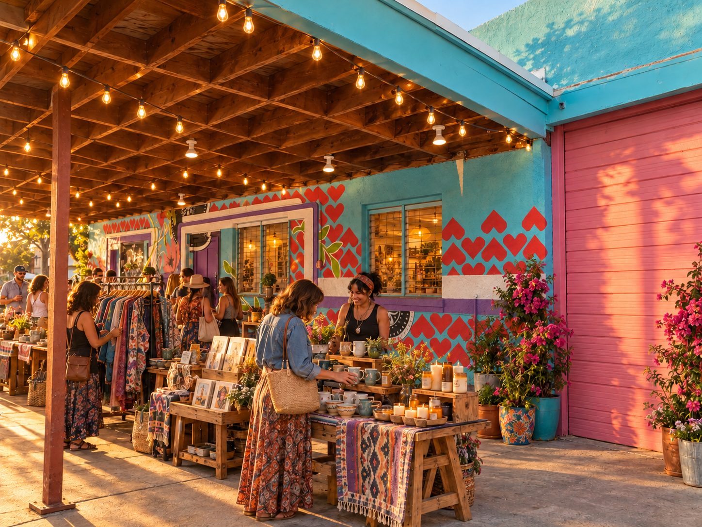 Artist rendering of a maker selling mugs and candles beside the pink roll-up door