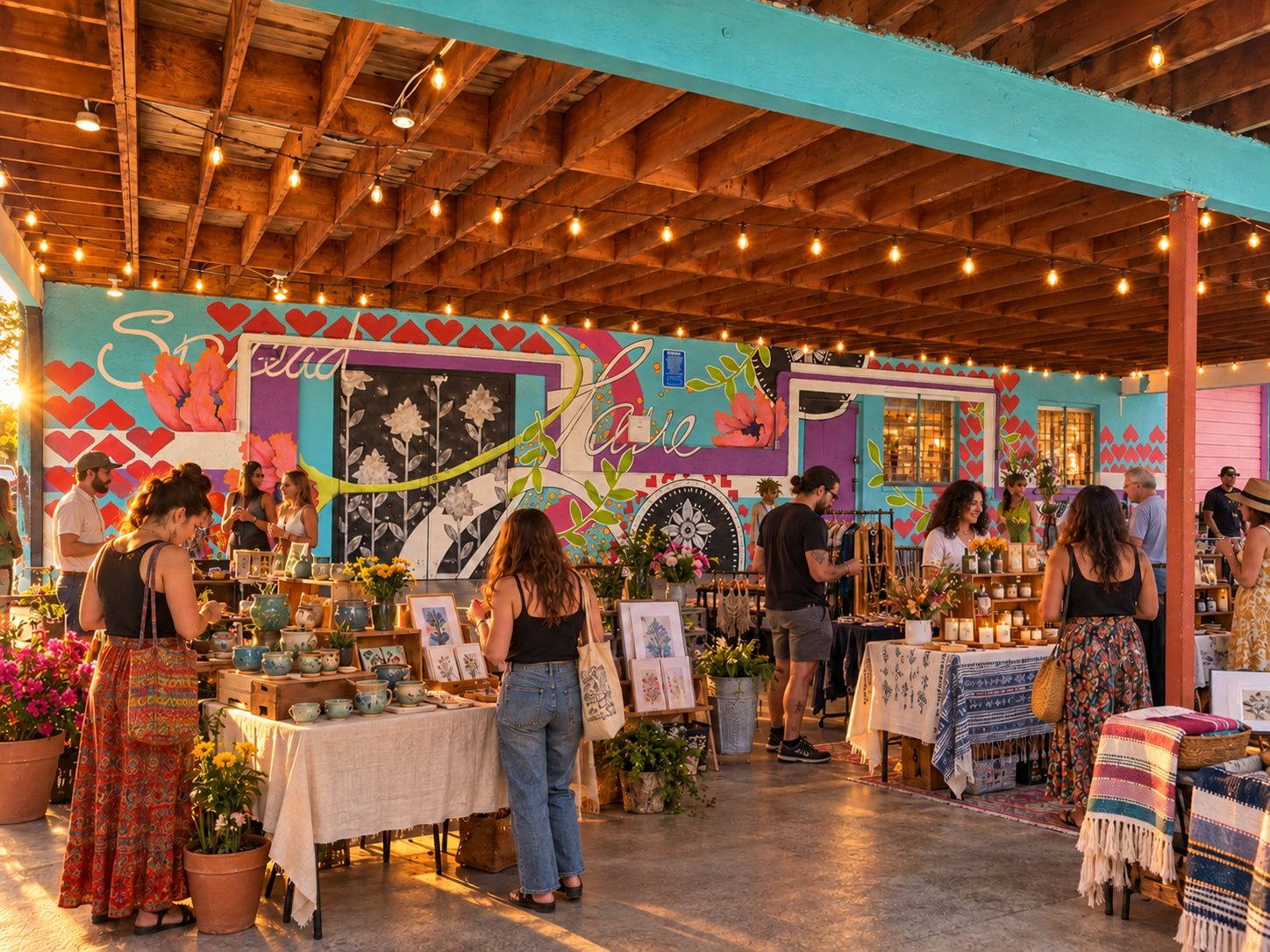 Artist rendering of shoppers browsing pottery and prints at maker tables in front of the heart mural