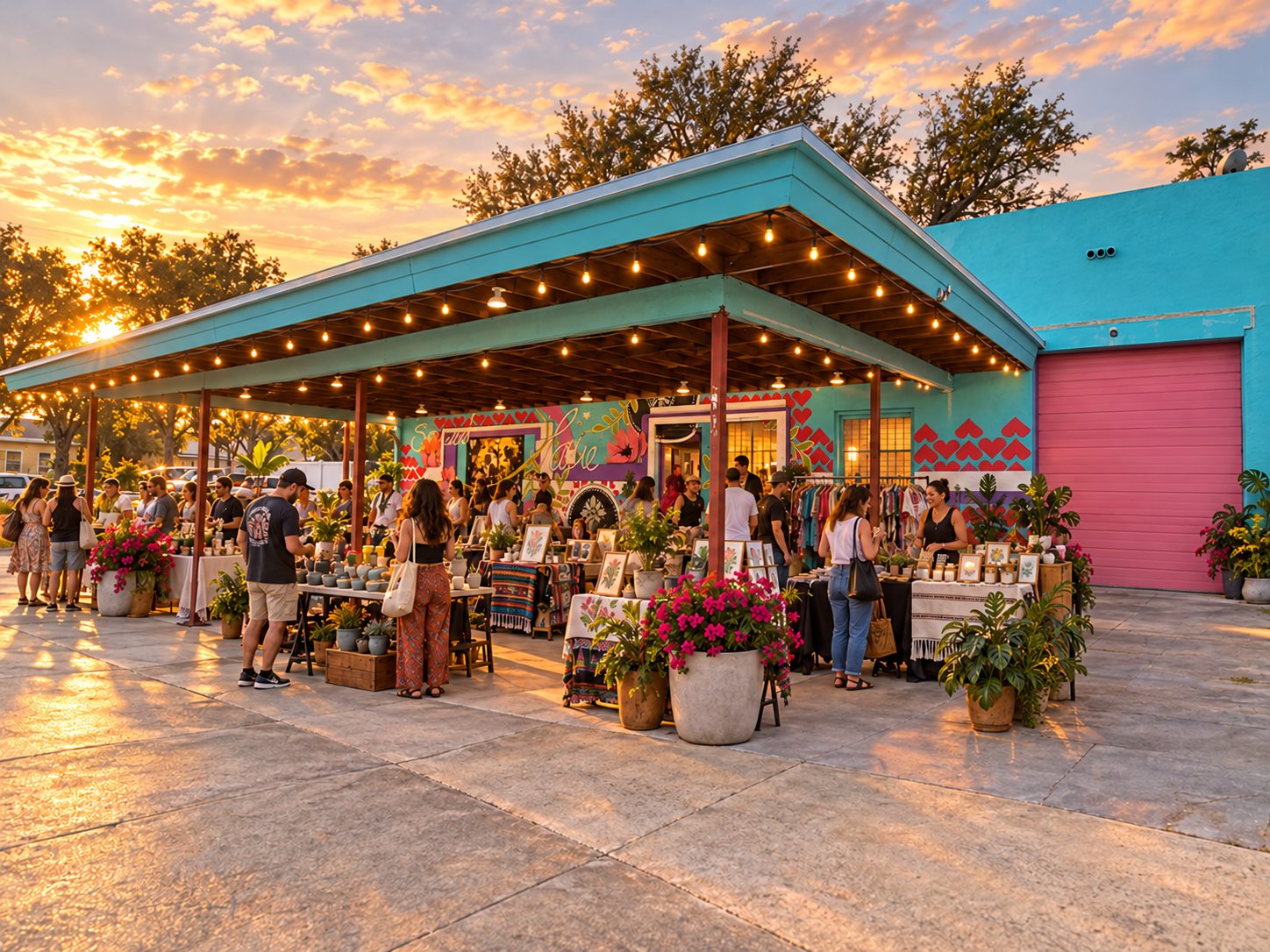Artist rendering of the teal-canopied building at sunset, busy with shoppers