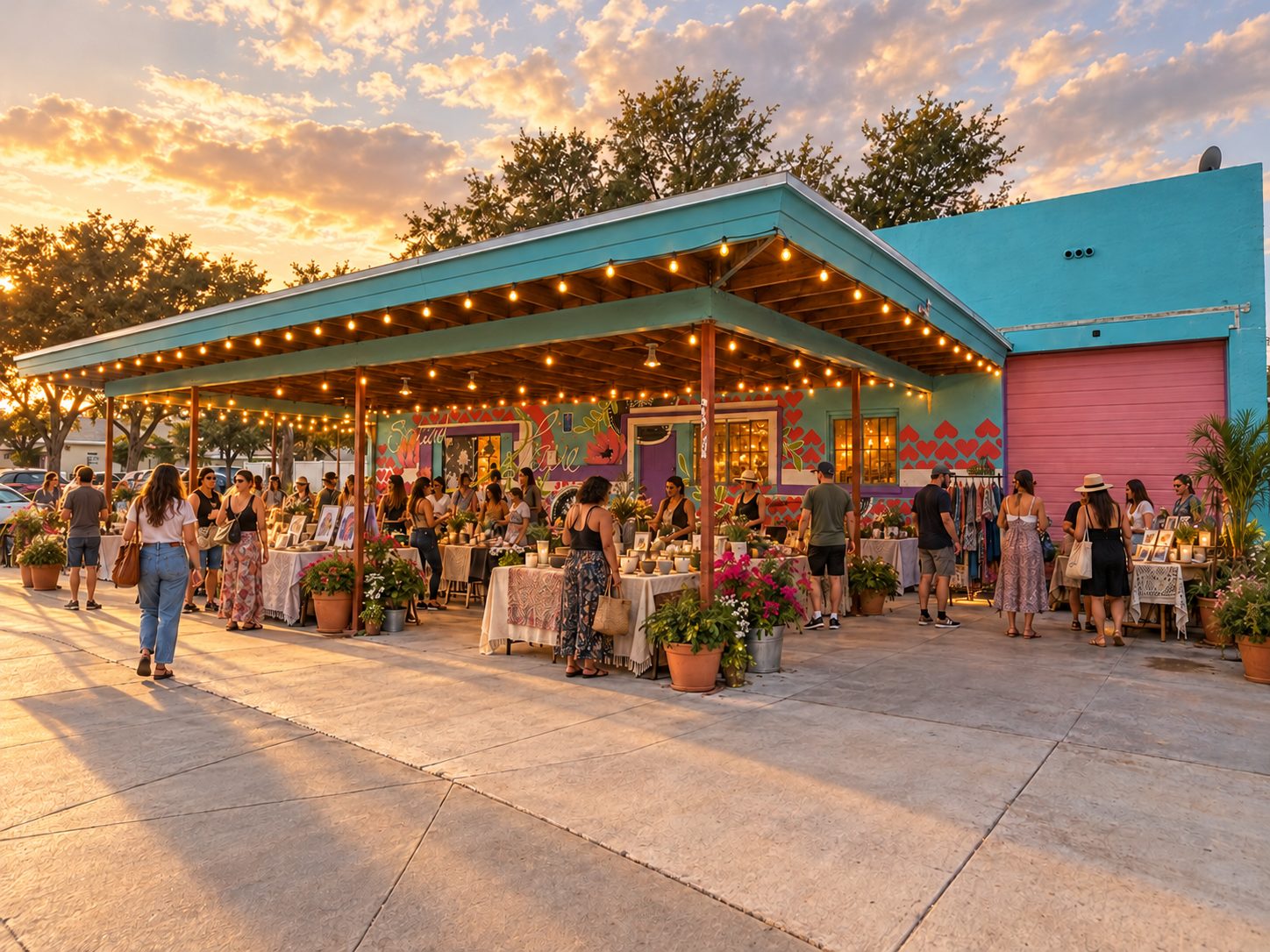 Artist rendering of the Rebel Craft Mercantile building at sunset, with shoppers at maker tables under the teal canopy